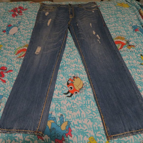 VTG True Religion Distressed Mega T Stitch Jeans 42x35 Medium Wash Made in USA